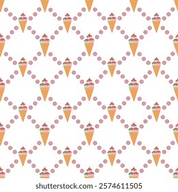 Ice cream cone, choco rainbows with candy argyle on white background. Vector.