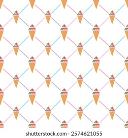 Ice cream cone, choco rainbows with Pocky argyle on white background. Vector. Seamless pattern. 