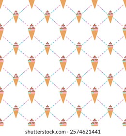 Ice cream cone, choco rainbows with rainbows argyle on white background. Seamless pattern. Vector.