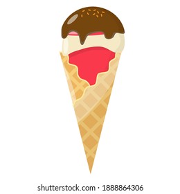 Ice cream cone with chocolate cartoon icon. Red and white ice cream in waffle cone on isolated white background. Vector EPS10 illustration