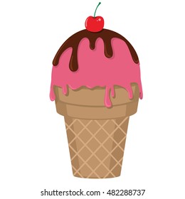 Ice Cream Cone With Chocolate Cherry Topping Flat Design Logo Illustration Icon