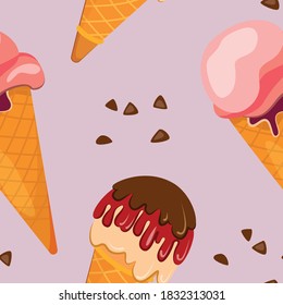 Ice cream cone with chocolate chips on pastel pink background. for product presentation, advertising.