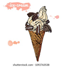 Ice cream cone with chocolate cookies. Hand drawn vector illustration. Watercolor splash and drops with inscription. Isolated on white background. Beautiful vintage summer design. Cafe, dessert, snack
