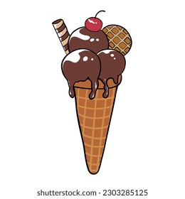 Ice cream cone with chocolate flavor with cherry and waffle. Isolated on white.  Ice cream Gelato Vector cartoon.illustration.
