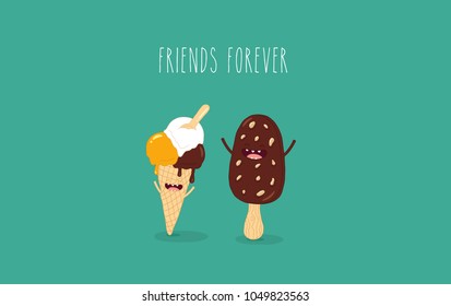 ice cream cone with chocolate ice cream are friends forever vector illustration. You can use for cards, fridge magnets, stickers, posters.