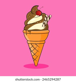 ice cream cone in chocolate with nuts and cherries