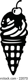 ice cream cone with chocolate topping, sprinkles and cherry, sorbet, ice cream vector illustration