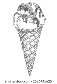 Ice Cream cone with chocolate topping and sprinkles hand drawn vector food illustration. Line art graphic of dessert in the sketch style perfect for menu or product creation and package design.