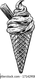 An ice cream cone with chocolate in a vintage retro woodcut etching style