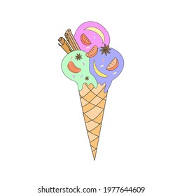 Ice cream cone with cinnamon and tangerines. Vector illustration in doodle style with colored balls for textile, prints, stickers, posters, postcards, menu design, cafe interior.