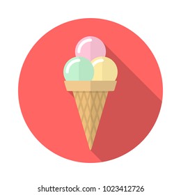 Ice cream cone circle icon with long shadow. Flat design style. Ice cream simple silhouette. Modern, minimalist, round icon in stylish colors. Web site page and mobile app design vector element.