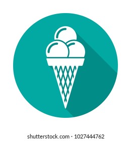 Ice cream cone circle icon with long shadow. Flat design style. Ice cream simple silhouette. Modern, minimalist, round icon in stylish colors. Web site page and mobile app design vector element.