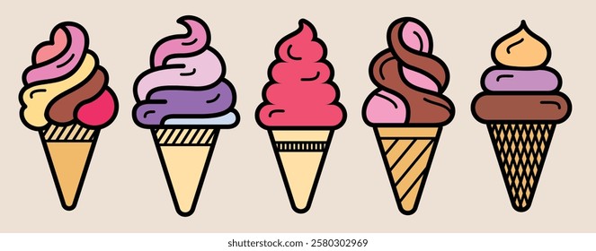 Ice cream cone clipart set. Sweet colorful ice cream clip art with black outline vector illustration summer dessert pictogram style collection.
