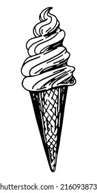 Ice cream cone clipart. Single doodle of summer sweet food isolated on white. Hand drawn vector illustration in engraving style.