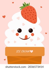 Ice cream cone close-up with cute face on pink background. Melted flowing cream layers. Cute summer inspirational design template for social media post. Flat cartoon vector illustration