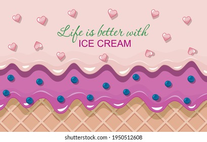 Ice cream cone close-up horizontal banner. Melted flowing cream layers background. Girly. Cute summer inspirational design. Vector illustration