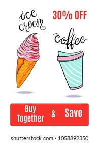 Ice cream cone with and coffee. Cartoon hand drawn vector illustration. Template for advertising poster, menu, banner, discount coupon.