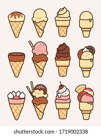 Ice cream cone collection with 3 flavors: vanilla, chocolate, strawberry. Frozen sweet dessert icon vector illustration flat design.