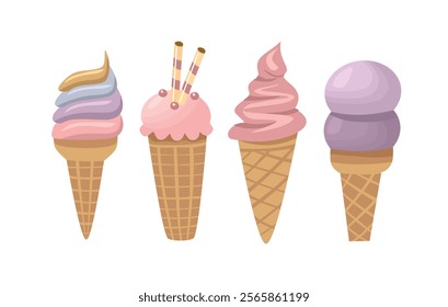 Ice cream cone. Ice cream collection. Gelato. Icecream element. Dessert food. Food illustration. Realistic food illustration. Blueberry icecone. Strawberry ice cone. 