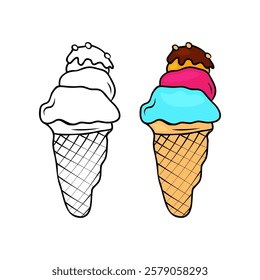 Ice cream cone color book for kids with colored example. For children of preschool and school age. Vector stock image isolated on white background. 