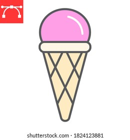 Ice cream cone color line icon, dessert and delicious, ice cream in waffle cone sign vector graphics, editable stroke filled outline icon, eps 10