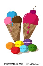ice cream in a cone and colorful macaroons