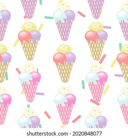 Ice cream cone with colorful sticks seamless pattern Vector on white background.