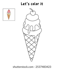 Ice cream cone coloring pages for kids. Trace and color ice cream cone. Delicious ice cream cone summer waffle isolated on white background. Kindergarten and preschool worksheets printable for kids.