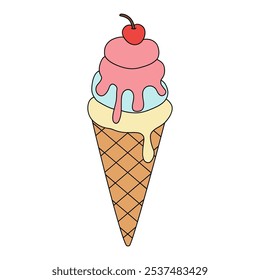 Ice cream cone coloring pages for kids. Trace and color ice cream cone. Delicious ice cream cone summer waffle isolated on white background. Kindergarten and preschool worksheets printable for kids.