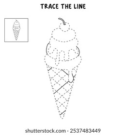 Ice cream cone coloring pages for kids. Trace and color ice cream cone. Delicious ice cream cone summer waffle isolated on white background. Kindergarten and preschool worksheets printable for kids.