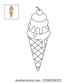 Cone de sorvete páginas de coloração para crianças. Traço e cor de cone de sorvete. Delicioso sorvete cone verão waffle isolado no fundo branco. Planilhas de jardim de infância e pré-escola imprimíveis para crianças.