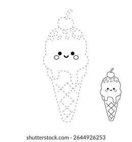 Ice cream cone coloring pages for kids. Trace and color ice cream cone. Delicious ice cream vector. Summer coloring page with a cute of ice cream cone with cherry.