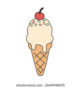 Ice cream cone coloring pages for kids. Trace and color ice cream cone. Delicious ice cream vector. Summer coloring page with a cute of ice cream cone with cherry.