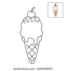 Ice cream cone coloring pages for kids. Trace and color ice cream cone. Delicious ice cream vector. Summer coloring page with a cute of ice cream cone with cherry.
