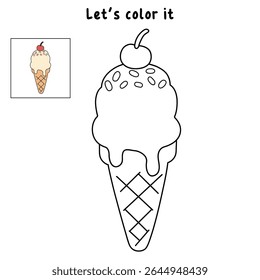 Ice cream cone coloring pages for kids. Trace and color ice cream cone. Delicious ice cream vector. Summer coloring page with a cute of ice cream cone with cherry.