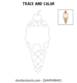 Ice cream cone coloring pages for kids. Trace and color ice cream cone. Delicious ice cream vector. Summer coloring page with a cute of ice cream cone with cherry.