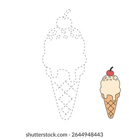 Ice cream cone coloring pages for kids. Trace and color ice cream cone. Delicious ice cream vector. Summer coloring page with a cute of ice cream cone with cherry.