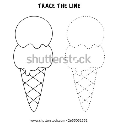 Ice cream cone coloring pages for kids. Trace and color ice cream cone. Delicious ice cream vector. Summer coloring page with a cute of ice cream cone with cherry.