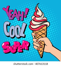 Ice Cream Cone with Comic Style Typography. Pop Art. Vector illustration