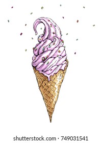 Ice cream cone with confectionery isolated on white background. EPS10 vector hand drawn illustration.