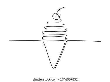 Ice cream cone continuous line drawing. Vector minimalistic linear illustration of dessert with cherry made of one line isolated on white background. Summer cafe theme