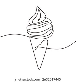 Ice cream cone continuous one line art. Summer dessert sweet food treat. Refreshing cold snack vector.