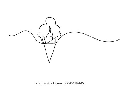 Cono de helado continuo de una línea de dibujo en estilo minimalista con diseño de Vector de contorno limpio