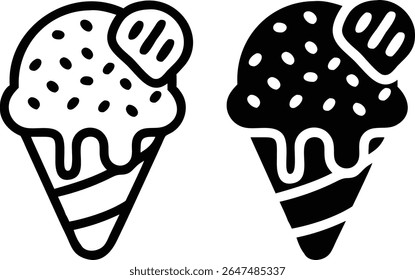 Ice Cream Cone with Cookie Icon Set – Black and White Dessert Sweet Symbol Vector Illustration