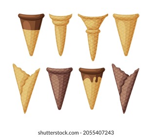 Ice Cream Cone or Cornet as Brittle Cone-shaped Waffle Pastry Vector Set