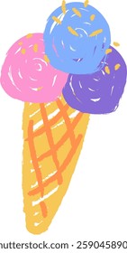 Ice Cream Cone Crayon Hand Drawn Vector Illustration