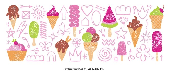 Ice cream cone. Crayon vector. Cute summer illustration with scribble icecream shape. Flat design, chalk texture. Kid hand drawn pencil pastel set. Doodle summer gelato, sundae, popsicle, ice cream bg