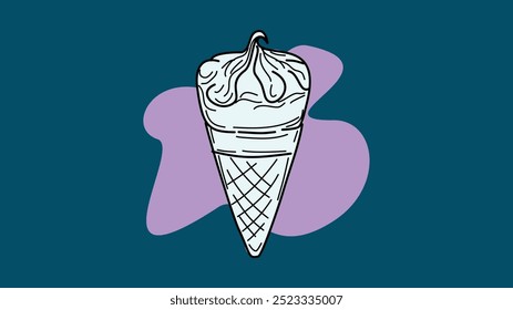  ice cream cone with a creamy swirl on top, set against a modern abstract background with unique shapes and a combination of blue and purple colors.