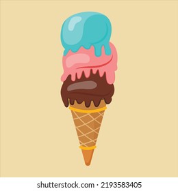 ice cream in cone. Crispy brown round waffle cone. . Chocolate ice with pink and blue flowering topping. Vector illustration