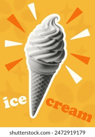 ice cream cone crispy waffle vibrant concept poster template design yellow grunge background halftone dot pattern collage elements for summer food frozen treat dessert menu marketing